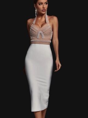 White House black market Midi Dress with Nude Beaded Bodice